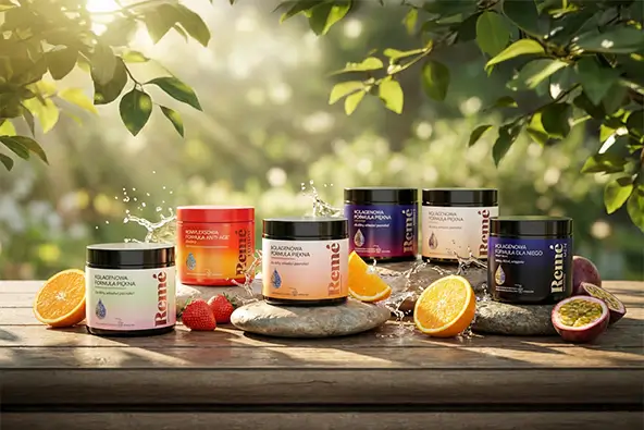 Produkty Remé, w tym kolagen do picia, stoją w ogrodzie na kamieniach, leżących na drewnianym stole, w otoczeniu soczystych owoców.